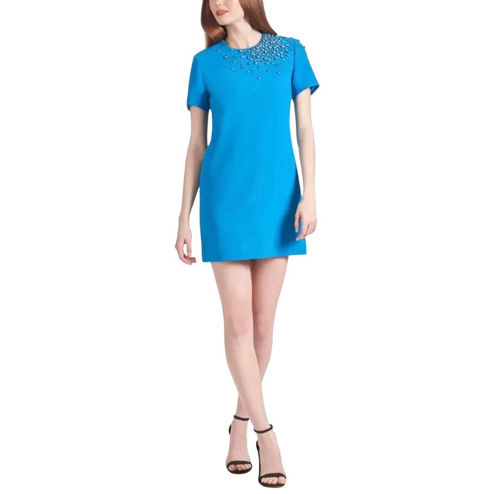 Sachin & Babi Cyrstal Beaded Short Sleeve Mini Shift Cocktail Dress Blue Size 14